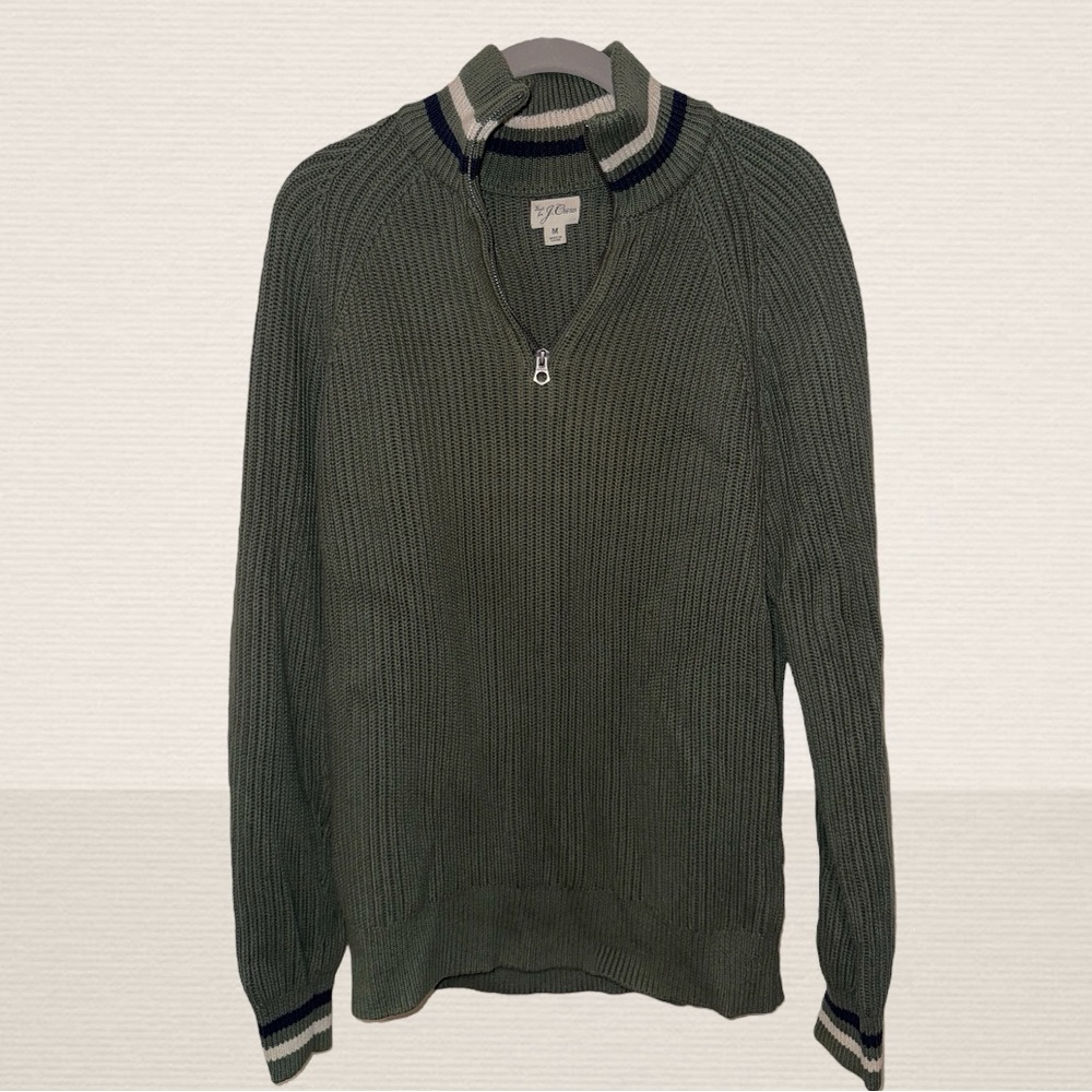 J CREW Sweater Men Green Ribbed Half-Zip Varsity Stripe Trim